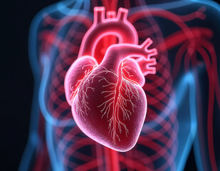 A close-up view of the human heart, showing its internal structure and blood vessels. The image appears to be a medical illustration or diagram