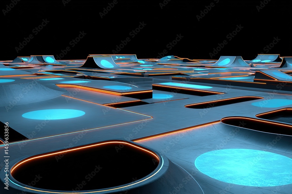 Poster dynamic abstract landscape with illuminated patterns showcasing modern design concepts in a dark set