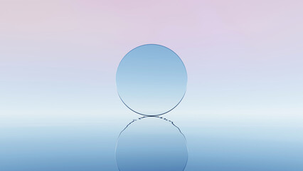 3D render, Futuristic surreal floating circle mirror that reflected on calm pastel sea horizon background