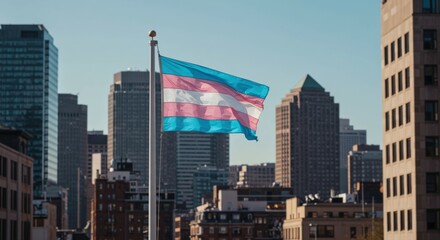 Transgender pride flag waving against urban skyline  