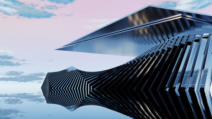 3D render, Futuristic surreal spiral architecture structure reflected on calm pastel sky horizon background