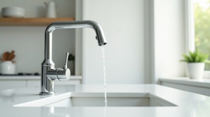 Modern kitchen faucet with flowing water, pristine white countertop, and subtle background blur.