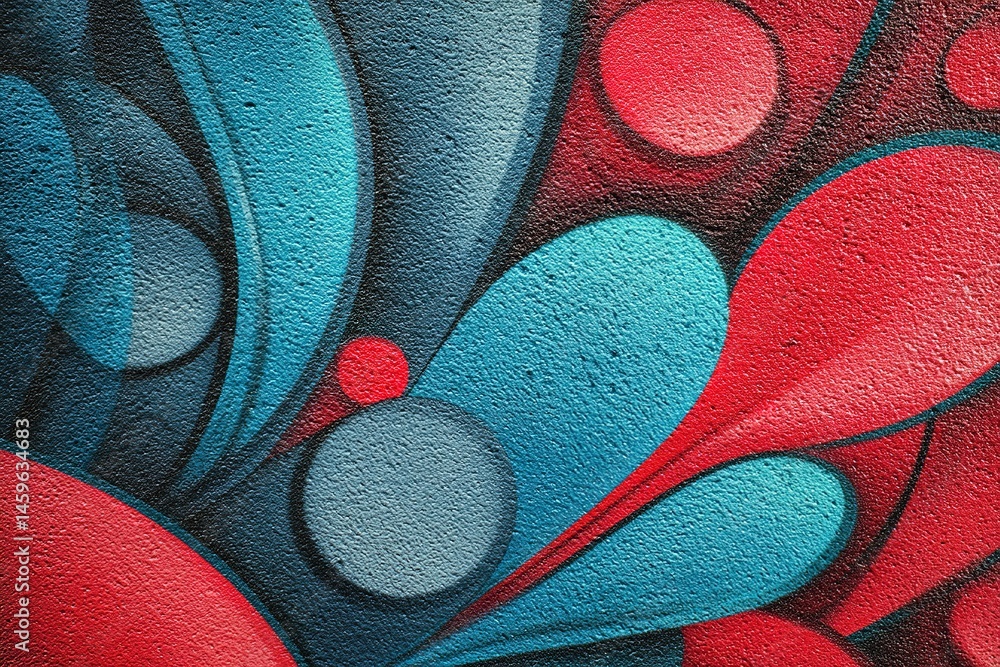 Poster colorful abstract mural with swirling patterns and geometric shapes in urban setting