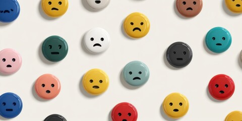 Fototapeta premium Colorful buttons with various facial expressions arranged in a playful pattern on a neutral background