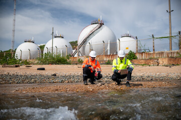 Environmental engineer or workers examining waste water along a  large industrial waste water or...