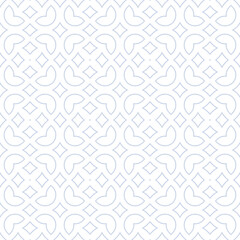 Subtle vector floral seamless pattern in arabesque style. Minimal texture with outline flowers, leaves, diamonds, curved lines. Abstract blue and white geometric background. Repeated ornamental design