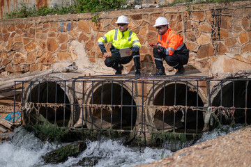 Environmental engineer or workers examining waste water along a  large industrial waste water or...