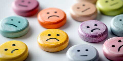 Fototapeta premium Colorful round tokens with sad faces displayed on a white background in a creative arrangement