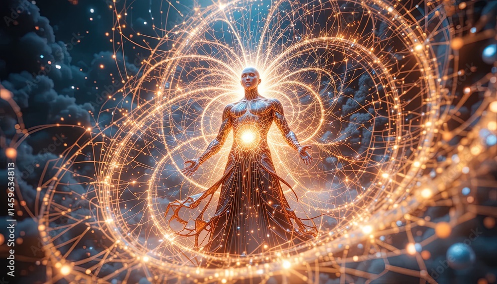 Poster a luminous figure centered in a swirling vortex of light.