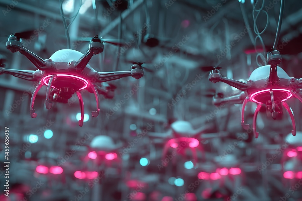 Aufkleber drones equipped with glowing lights hover in a futuristic indoor space during a technology showcase 