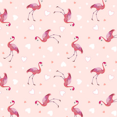 Naklejka premium Pattern with flamingos and hearts.Vector seamless pattern with pink flamingos and hearts on a colored background.