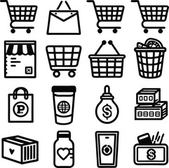 This vector icon set showcases various shopping basket symbols for online retail and e-commerceThis vector icon set showcases various shopping basket symbols for online retail and e-commerce