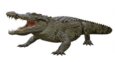 Menacing Crocodile with Open Mouth Showing Sharp Teeth Isolated on White Background, A Wildlife Predator Ready to Strike, Showing its Ferocious Nature and Scaly Skin
