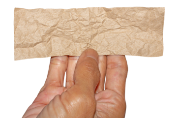 Man Hand Holding Torn Brown Crumpled Paper Texture Pieces on Transparent Background. Ideal for Text Space or Creative Project.