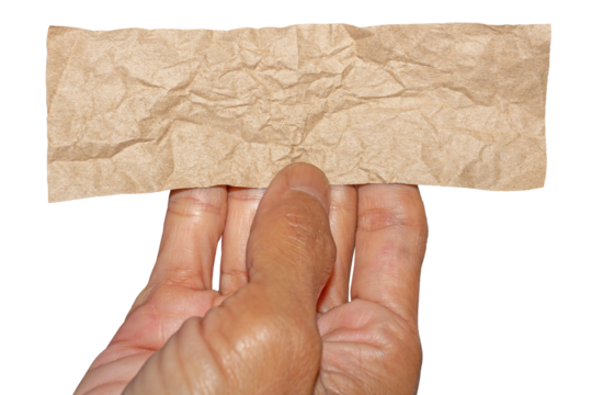 Man Hand Holding Torn Brown Crumpled Paper Texture Pieces on Transparent Background. Ideal for Text Space or Creative Project. - Powered by Adobe