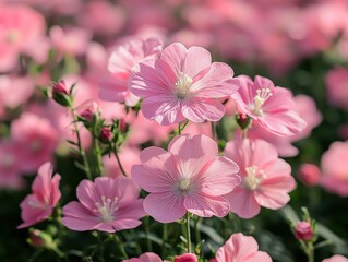 Delicate pink flowers bloom in sunlight, creating a soft, romantic scene.  Petals unfurl in a field of blossoms
