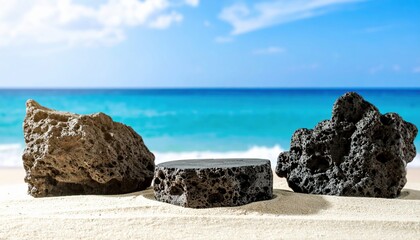 A smooth, weathered rock rests on a sandy beach, surrounded by gentle waves lapping at the shore, with seashells scattered nearby under a clear blue sky.
