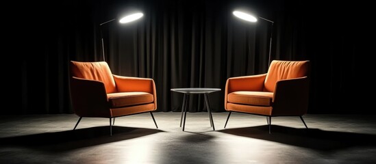 Podcast Room Scene with Two Chairs and Spotlights on Dark Background for in or interview