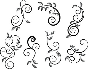 Collection of Eight Elegant Black Floral Swirls and Leaves Design Elements