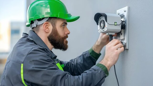 A worker in a green helmet installs a security camera on a gray wall, focusing on proper placement and setup.