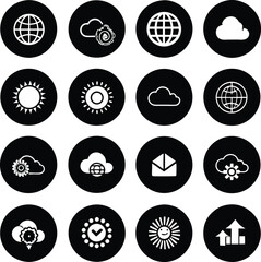 A vector set presents black and white round icons, a design element for web or business use