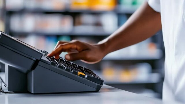 A person&rsquo;s hand is pressing a button on a cash register at a counter in a retail environment.