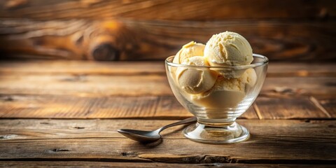 Delightful scoops of creamy vanilla ice cream in a crystal dessert bowl on a rustic wooden table with a spoon