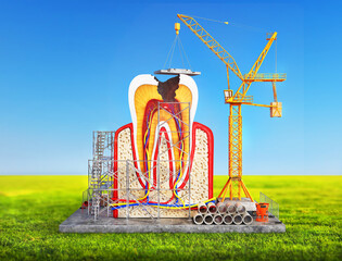 Repair tooth concept. Cross section scheme representing tooth layers enamel, dentine, pulp with blood vessels and nerves, cementum and structures around it. 3d illustration.