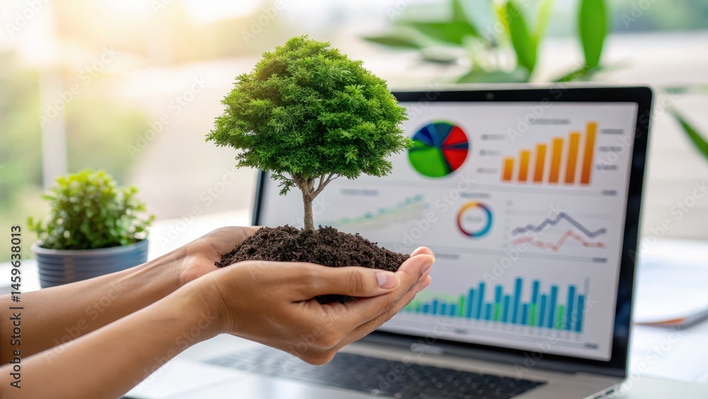Poster management influence sustainability concept. a person holds a small tree in front of a laptop displa
