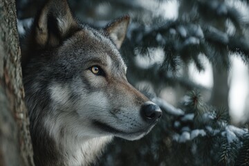 Fototapeta premium Majestic gray wolf in a winter forest, its gaze intense and captivating.