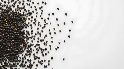 Naklejka premium Whole cubeb peppercorns in dark gray scattered artfully on a white background, emphasizing their rough texture and distinct appearance.
