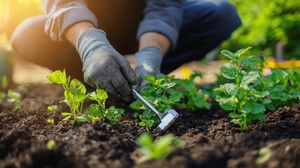 Gardening: Hands Planting Young Herbs in Soil