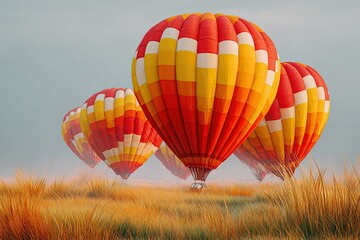 Naklejka premium Colorful hot air balloons ascend over a misty field at dawn during a peaceful morning in the countryside