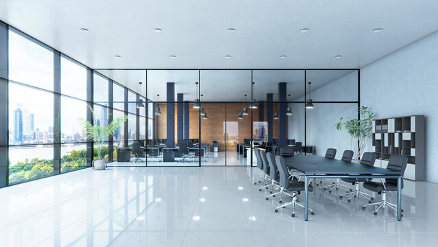 Open office with a view from a large window interior. 3d illustration