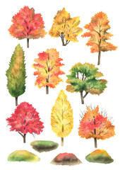 Watercolor set of autumn trees