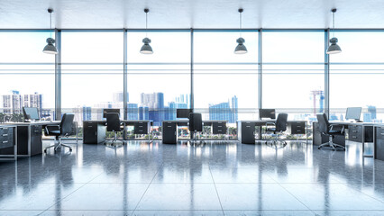 Open office with a view from a large window interior. 3d illustration