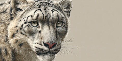 Close-up of a snow leopard displaying its striking features and unique fur pattern in a neutral backdrop during daylight