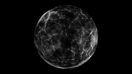 Abstract sphere with connecting dots and lines on black background. Big data visualization. Technology network background. 3D wireframe geometric sphere.