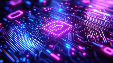 A vibrant circuit board with a glowing home icon, signifying digital home security and smart home technology.  Complex circuitry and neon colors create a futuristic aesthetic