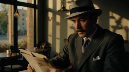 A man in a hat and suit is reading a newspaper. Smooth repeating motion for background video animation. - Powered by Adobe