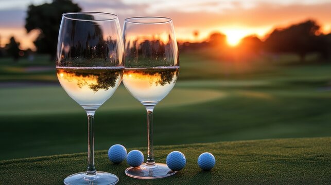 Sunset Golf Course Wine Tasting: Two glasses of white wine, golf balls, and a breathtaking sunset over a lush golf course.