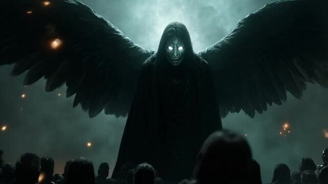 Image of a dark and scary winged creature with glowing eyes. Smooth repeating motion for background video animation