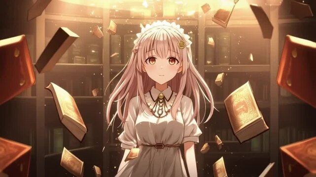 A girl standing in front of a pile of books. Smooth repeating motion for background video animation.