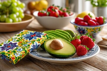 Delicious and colorful composition of fresh fruits, including avocados, strawberries, and grapes on a wooden table with a rustic floral patterned cloth.