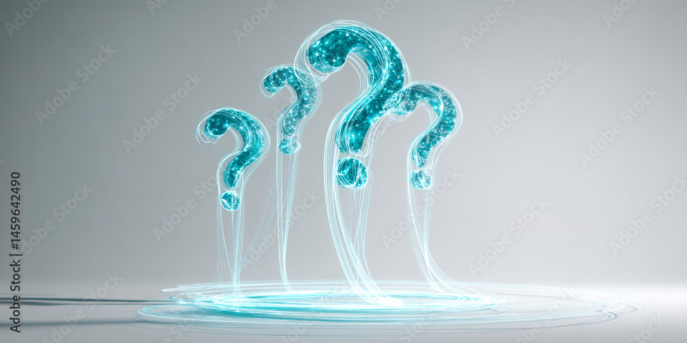 Poster Abstract image of teal question marks on a gray background, forming a cluster above a glowing circular base, symbolizing inquiry, curiosity, or problem-solving.  Free space for text