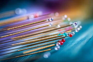 An array of acupuncture needles with colorful decorative ends, close up on a blue surface.