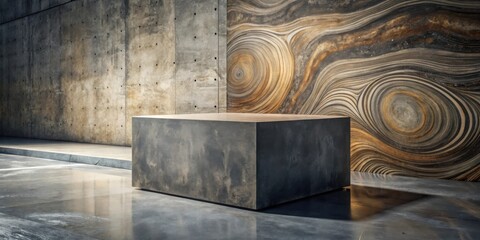A Modern Minimalist Concrete Cube Display Platform Against a Textured Swirling Stone Wall