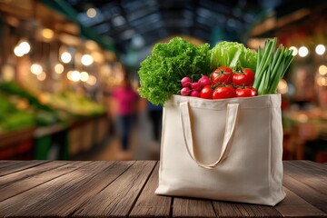 Fresh vegetables in a reusable shopping bag on a wooden table at the market place, promoting healthy lifestyle choices and sustainable consumption practices.