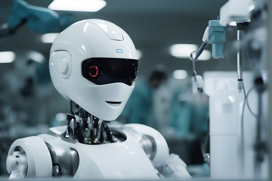 A close-up of a white robot a humanoid robot with a smiling face in a laboratory or factory setting.