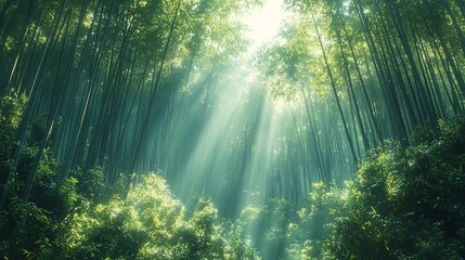 Obraz premium Sunbeams through lush bamboo forest